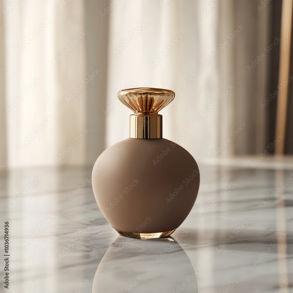 A luxurious perfume bottle with a matte finish and gold details, standing upright on a clean marble surface with soft, elegant reflections A luxurious perfume bottle with a matte finish and gold details, standing upright on a clean marble surface with soft, elegant reflections