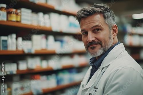 Pharmacist showing medicine to customer in pharmacy, Generative AI