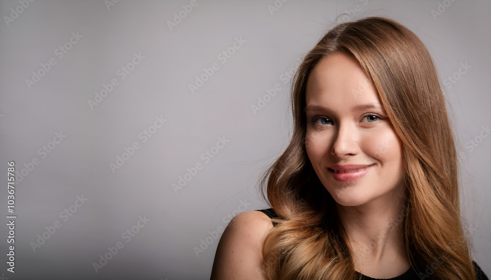 Portrait of a young woman with long hair smiling confidently against a neutral gray background. Her expression conveys warmth and friendliness, ideal for concepts of positivity and self-assurance Portrait of a young woman with long hair smiling confidently against a neutral gray background. Her expression conveys warmth and friendliness, ideal for concepts of positivity and self-assurance