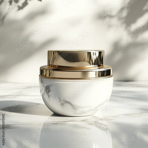 A luxury face cream jar with a glossy finish and gold details, standing upright on a smooth marble surface with subtle reflections photo