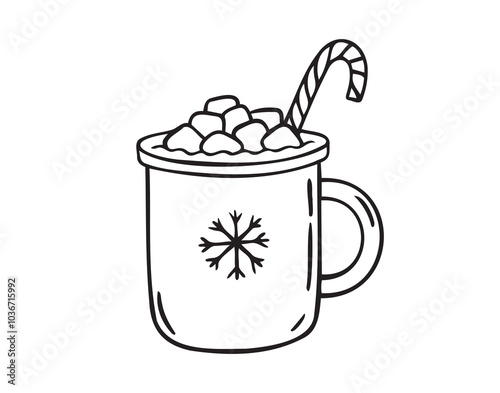 Cup of hot cocoa with marshmallows and candy cane doodle hand drawn isolated icon. Doodle cocoa cup for Christmas 