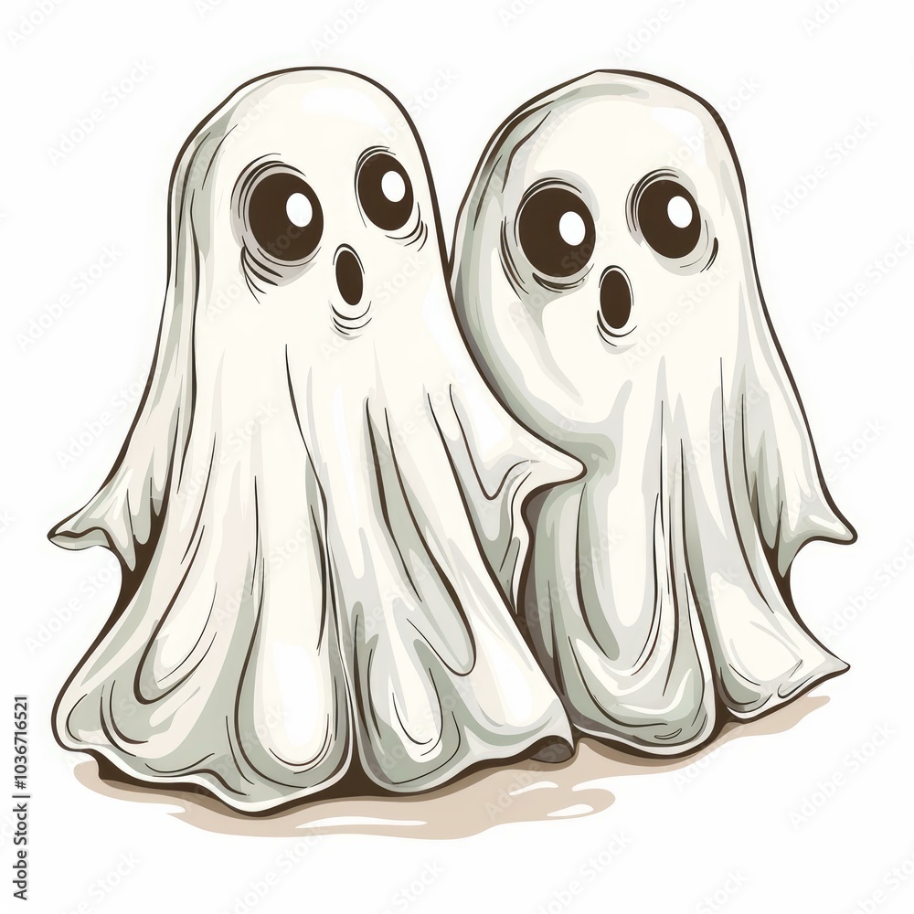 Two cartoon ghosts opening their mouths wide in surprise, with big round eyes Two cartoon ghosts opening their mouths wide in surprise, with big round eyes