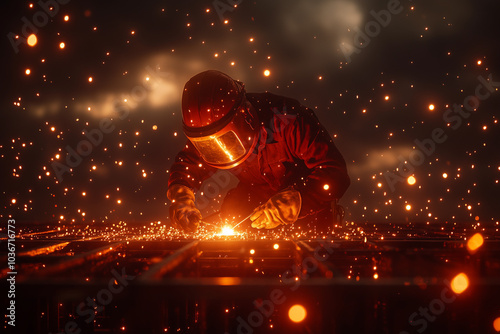 Welder welding a metal frame on a construction site background. photo