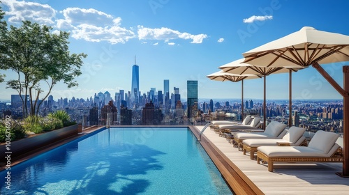 A rooftop pool deck with umbrellas and loungers, enjoying the sunshine with sweeping city views