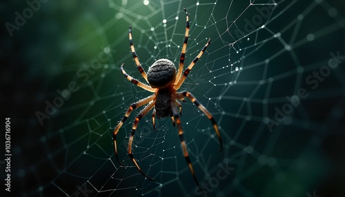 Menacing spider on intricate web with mystical bokeh background