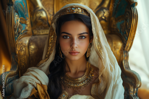 Beautiful Ancient Egypt goddess queen woman sits on the golden throne concept background.