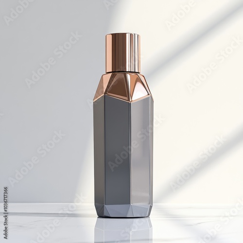 A luxury perfume bottle with sleek geometric details, standing upright on a clean white surface with soft reflections for a refined, minimalistic look photo