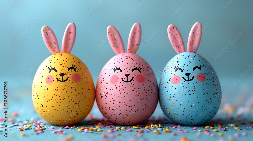 Trio of painted Easter eggs featuring smiling bunny faces carefully arranged on a light pastel background leaving space at the top for a fun and colorful Easter message Trio of painted Easter eggs featuring smiling bunny faces carefully arranged on a light pastel background leaving space at the top for a fun and colorful Easter message