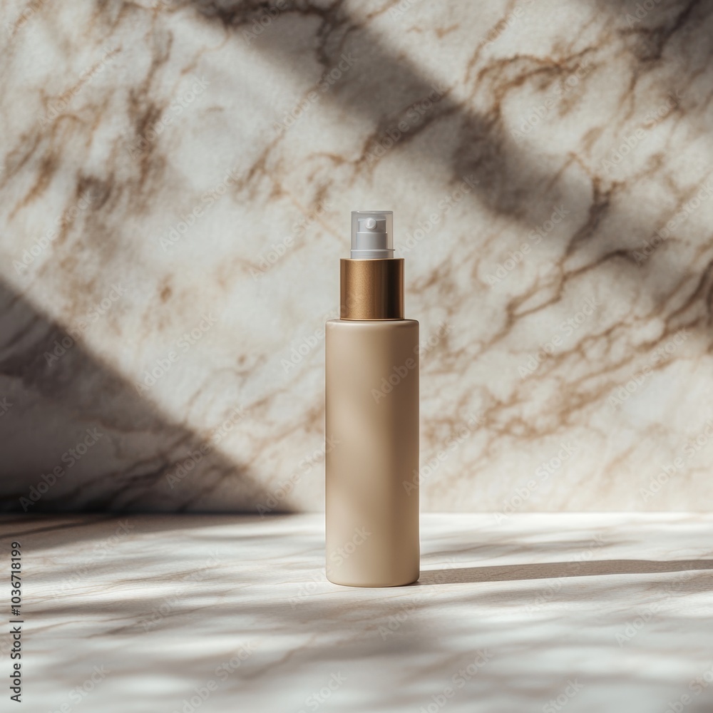 A luxury skincare lotion bottle with a matte finish, standing upright on a smooth marble surface with soft shadows and natural lighting A luxury skincare lotion bottle with a matte finish, standing upright on a smooth marble surface with soft shadows and natural lighting