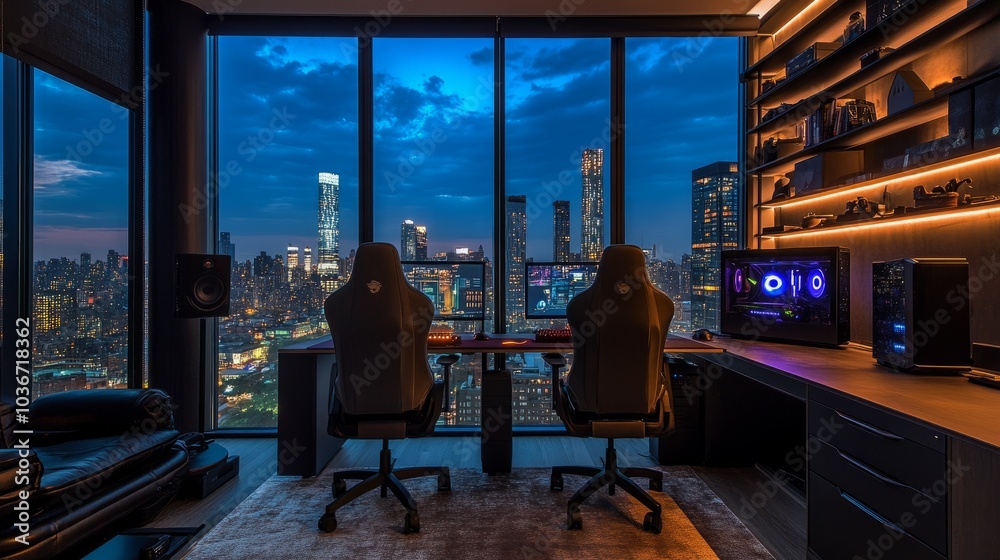 A stylish gaming space with two chairs, a custom-built PC, soft accent lights, and a view of the urban skyline A stylish gaming space with two chairs, a custom-built PC, soft accent lights, and a view of the urban skyline