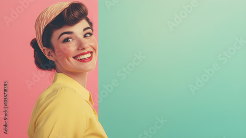 smiling woman in vintage inspired outfit against colorful background