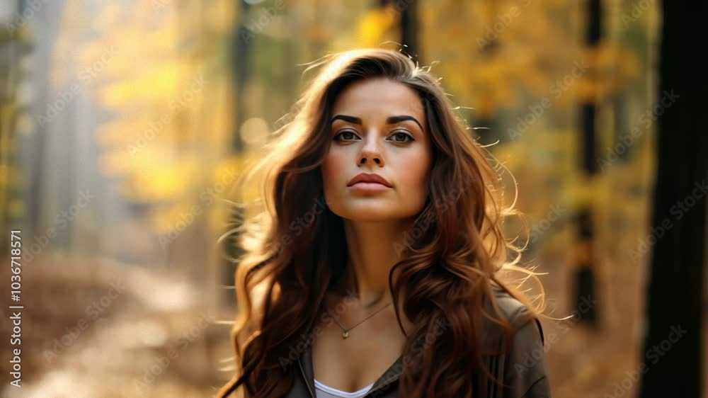 Long haired woman posing in serene autumn forest Long haired woman posing in serene autumn forest