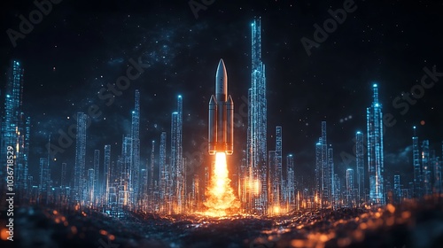 A 3D-rendered rocket launching into space with a glowing upward graph in the background, symbolizing growth and success. 