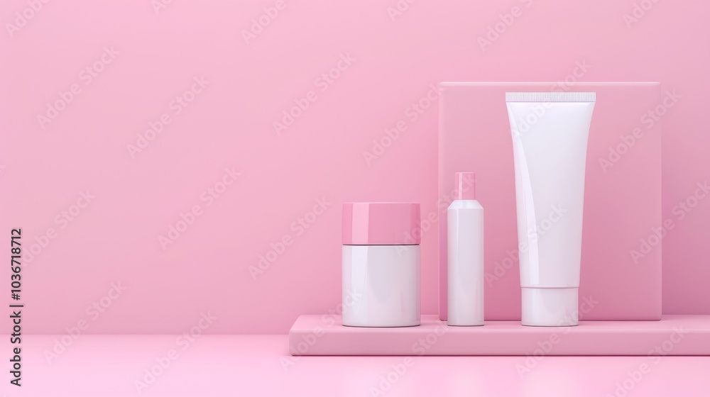 A zoom burst photograph of skincare products with a light pink hue. A zoom burst photograph of skincare products with a light pink hue.