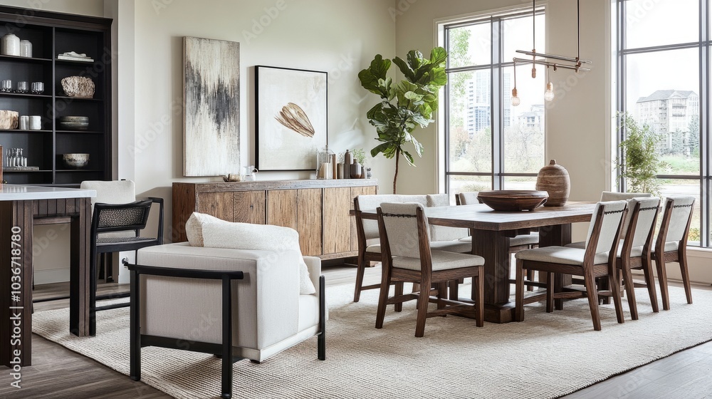 A trendy living room setup with a bar stool and a dining table, blending comfort and style effortlessly A trendy living room setup with a bar stool and a dining table, blending comfort and style effortlessly