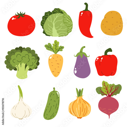 Set of vector illustrations in children's style. Cute vegetables. Cabbage carrots broccoli onion garlic tomato potato pepper eggplant cucumber beet. Vector illustration