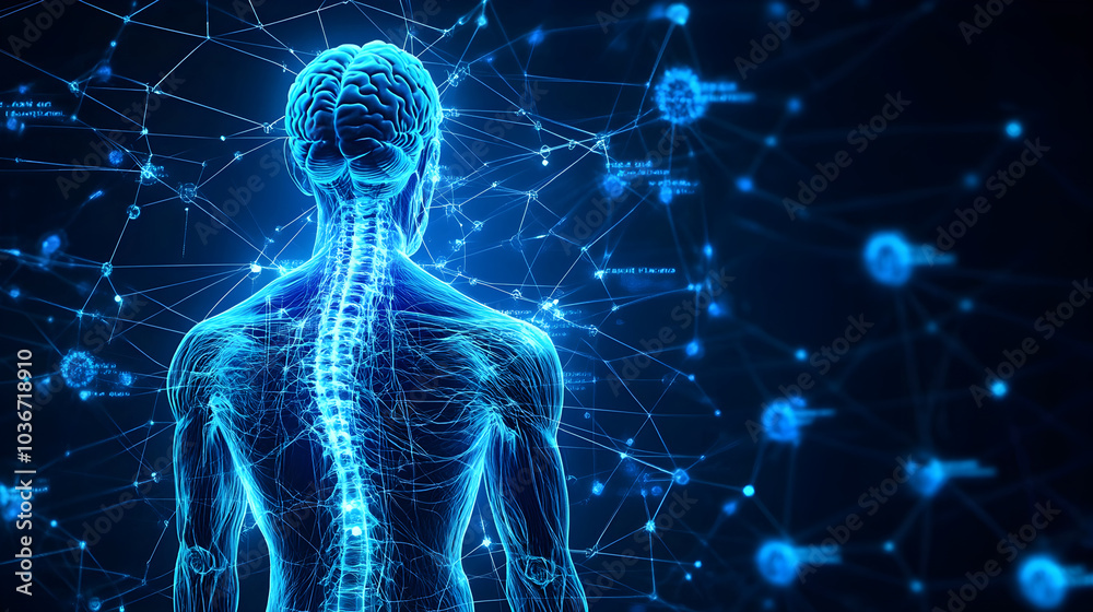 glowing human nervous system anatomy on dark background, showcasing intricate details glowing human nervous system anatomy on dark background, showcasing intricate details