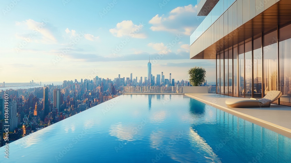Fototapeta premium An elegant rooftop pool shimmering under the sunlight, overlooking the urban skyline
