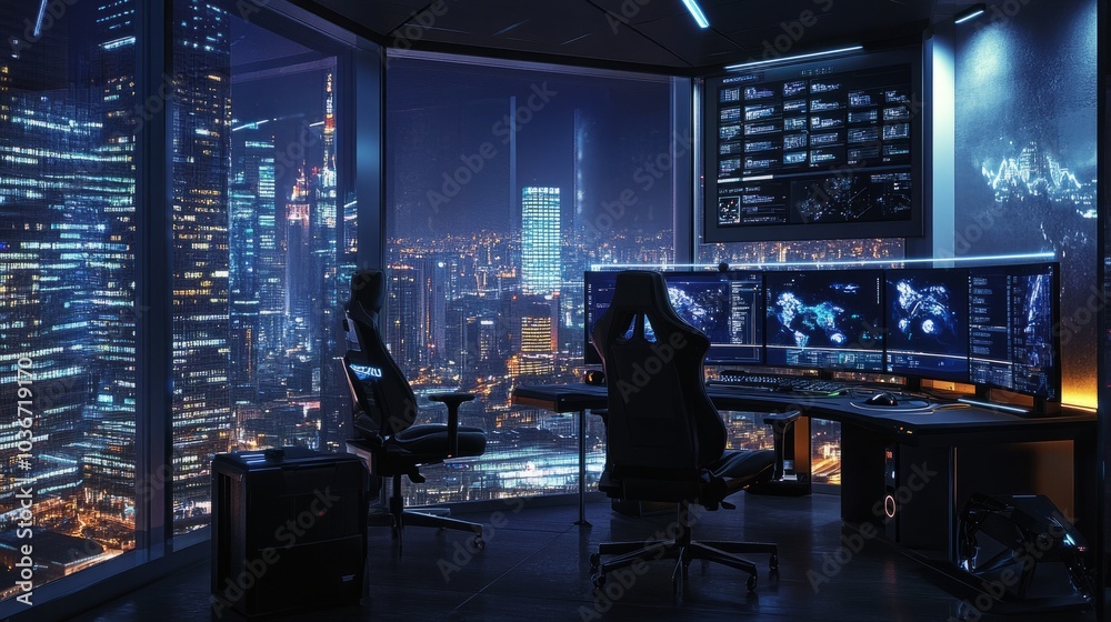 An elite gaming station with two ergonomic chairs, multiple displays, and a high-performance computer, with city lights outside An elite gaming station with two ergonomic chairs, multiple displays, and a high-performance computer, with city lights outside