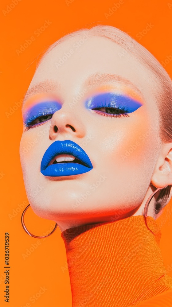 A bold beauty shot of a Scandinavian model with electric blue lipstick and bright orange blush, embodying strength and resilience, with her pale complexion contrasting against fluorescent purple. A bold beauty shot of a Scandinavian model with electric blue lipstick and bright orange blush, embodying strength and resilience, with her pale complexion contrasting against fluorescent purple.