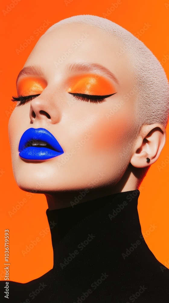 A bold beauty shot of a Scandinavian model with electric blue lipstick and bright orange blush, embodying strength and resilience, with her pale complexion contrasting against fluorescent purple. A bold beauty shot of a Scandinavian model with electric blue lipstick and bright orange blush, embodying strength and resilience, with her pale complexion contrasting against fluorescent purple.