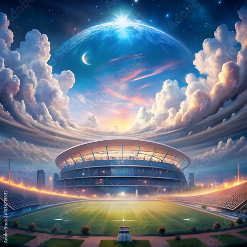 empty soccer stadium with dreamy fantasy view of