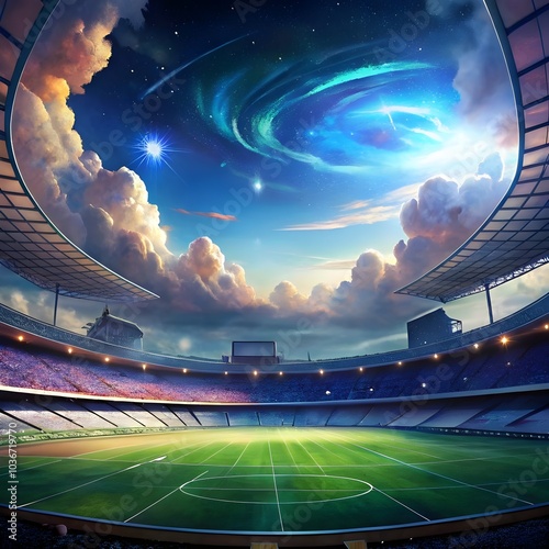 empty soccer stadium with dreamy fantasy view of