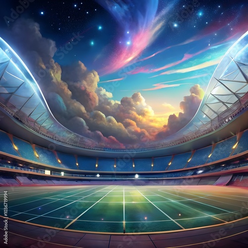 empty soccer stadium with dreamy fantasy view of