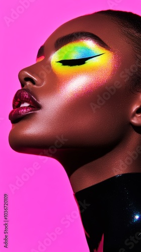 A closeup of a model with acid green and neon yellow eyeliner combined with holographic lip gloss that catches light in rainbow reflections, with highlighter on the cheekbones glowing vibrantly. photo