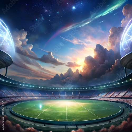 empty soccer stadium with dreamy fantasy view of