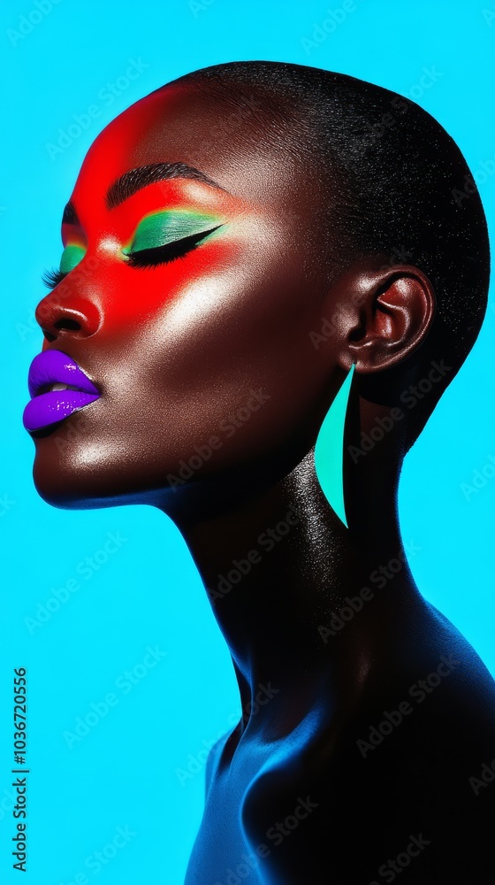 A dynamic beauty shot of an Eastern European model with bright red eyeshadow and neon purple lips, capturing mystery and depth, with acid green highlighter enhancing her porcelain complexion. A dynamic beauty shot of an Eastern European model with bright red eyeshadow and neon purple lips, capturing mystery and depth, with acid green highlighter enhancing her porcelain complexion.