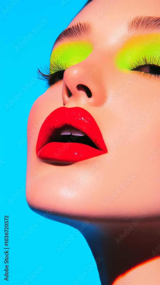 A dynamic beauty shot of an Eastern European model with bright red eyeshadow and neon purple lips, capturing mystery and depth, with acid green highlighter enhancing her porcelain complexion. A dynamic beauty shot of an Eastern European model with bright red eyeshadow and neon purple lips, capturing mystery and depth, with acid green highlighter enhancing her porcelain complexion.