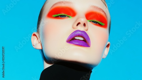 A dynamic beauty shot of an Eastern European model with bright red eyeshadow and neon purple lips, capturing mystery and depth, with acid green highlighter enhancing her porcelain complexion.