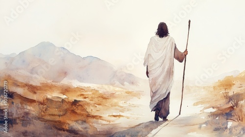 A serene watercolor artwork of Jesus walking through a vast desert, wearing a white robe, holding a staff, all painted in a light, pastel palette with a minimalist design.