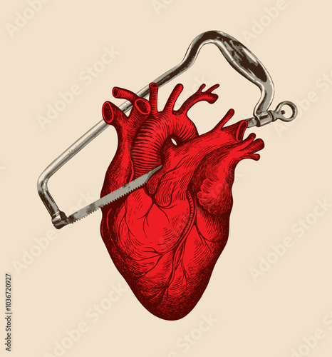 vector illustration on a medical theme with a human heart and a surgical saw for amputation