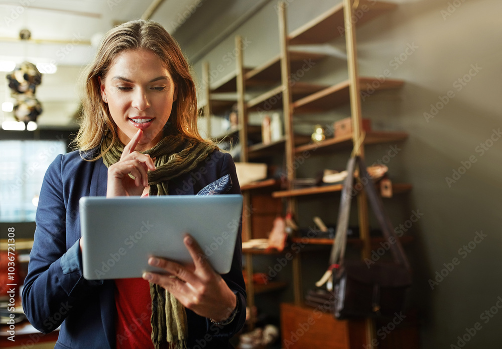 Business woman, owner and thinking with tablet for new stock, inventory or fabric at leather workshop. Young, female person or designer with technology for material, resource or production at store