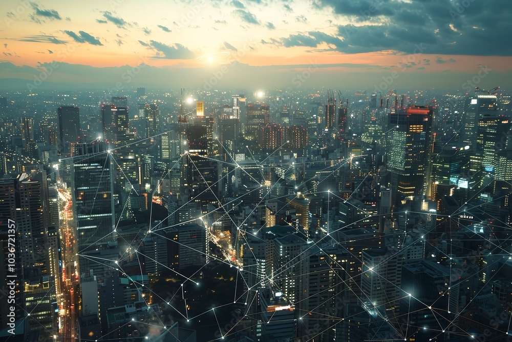 Fototapeta premium Concept of a contemporary cityscape and communication system. Generative Ai