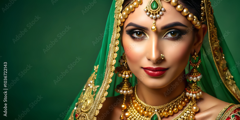 Indian Bridal Portrait with Heavy Gold Jewelry and Bangles – Ideal for Wedding Graphics, Ad Campaigns