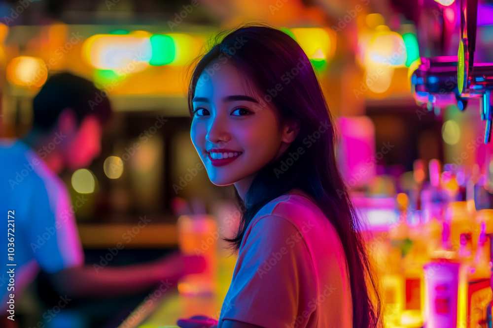 Beautiful young woman standing at the bar counter, smiling and looking back at the camera. Beautiful young woman standing at the bar counter, smiling and looking back at the camera.