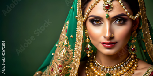 Beautiful Indian Bride Wearing Heavy Gold Jewelry and Makeup – Ideal for Bridal Ads, T-Shirt Prints, and Banners