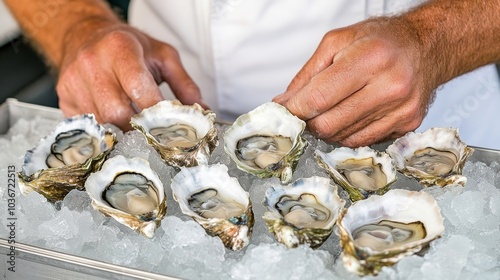 Chef Arranging Fresh Oysters on Crushed Ice, Seafood Platter Preparation for Fine Dining Experience