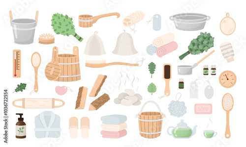 Sauna items set in cartoon flat style. Spa, hammam icons, hand drawn design elements. Vector illustration