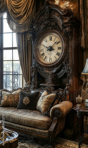 Ornate clock and couch in a grand room.