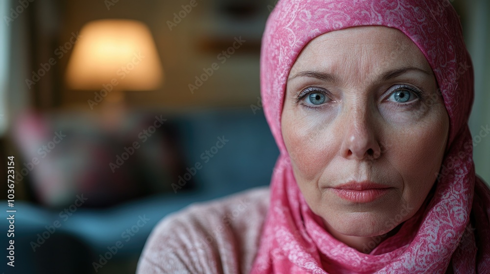 A older woman with cancer, wearing a pink scarf, looks directly into the camera Breast Cancer support A older woman with cancer, wearing a pink scarf, looks directly into the camera Breast Cancer support