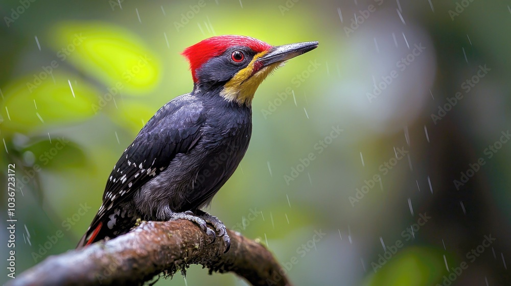 Fototapeta premium A red-crested woodpecker perched on a branch, with rain falling in the background.
