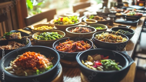 Colorful Kimchi Side Dishes on a Dining Table