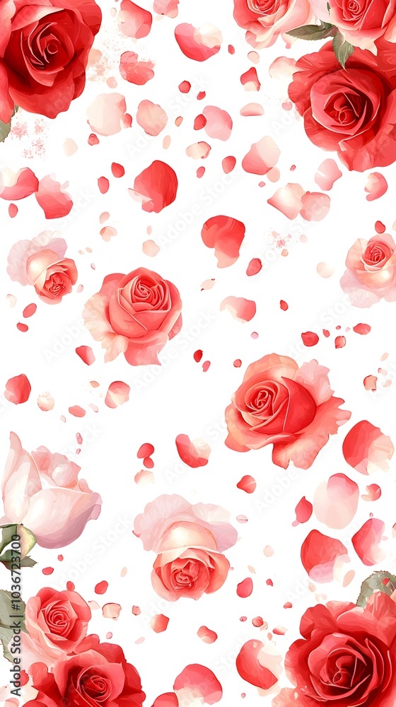 Romantic Pattern of Pink and Red Roses with Scattered Petals on White Background Romantic Pattern of Pink and Red Roses with Scattered Petals on White Background