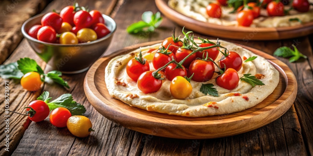Pita Bread with Hummus and Cherry Tomatoes - Delicious Mediterranean Snack, Healthy Appetizer, Vegan Meal, Colorful Dish, Fresh Ingredients, Tasty Spread, Culinary Delight Pita Bread with Hummus and Cherry Tomatoes - Delicious Mediterranean Snack, Healthy Appetizer, Vegan Meal, Colorful Dish, Fresh Ingredients, Tasty Spread, Culinary Delight