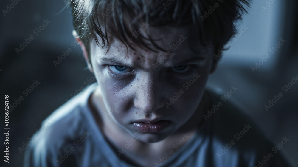 Troubled young boy with piercing blue eyes glares intensely. Close-up portrait conveys anger, defiance, and inner turmoil. Dark, moody lighting emphasizes emotional depth and psychological struggle Troubled young boy with piercing blue eyes glares intensely. Close-up portrait conveys anger, defiance, and inner turmoil. Dark, moody lighting emphasizes emotional depth and psychological struggle