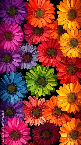 Vibrant Gerbera Daisy Flower Pattern in Rainbow Colors on Black Background